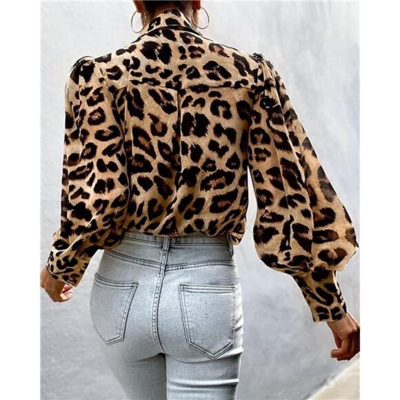 Cheetah Printed Button Up Shirt Casual Long Puff Sleeve‎ Blouse Boho Dressy Top - Picture 3 of 5
